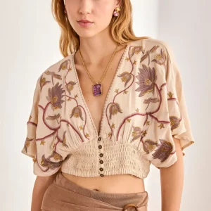 BLUSA CROPPED FLORES BORDADAS - CRUDO