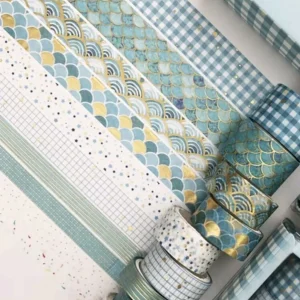 10 ROLLOS DE WASHI TAPE TONOS CELESTES Y DORADOS